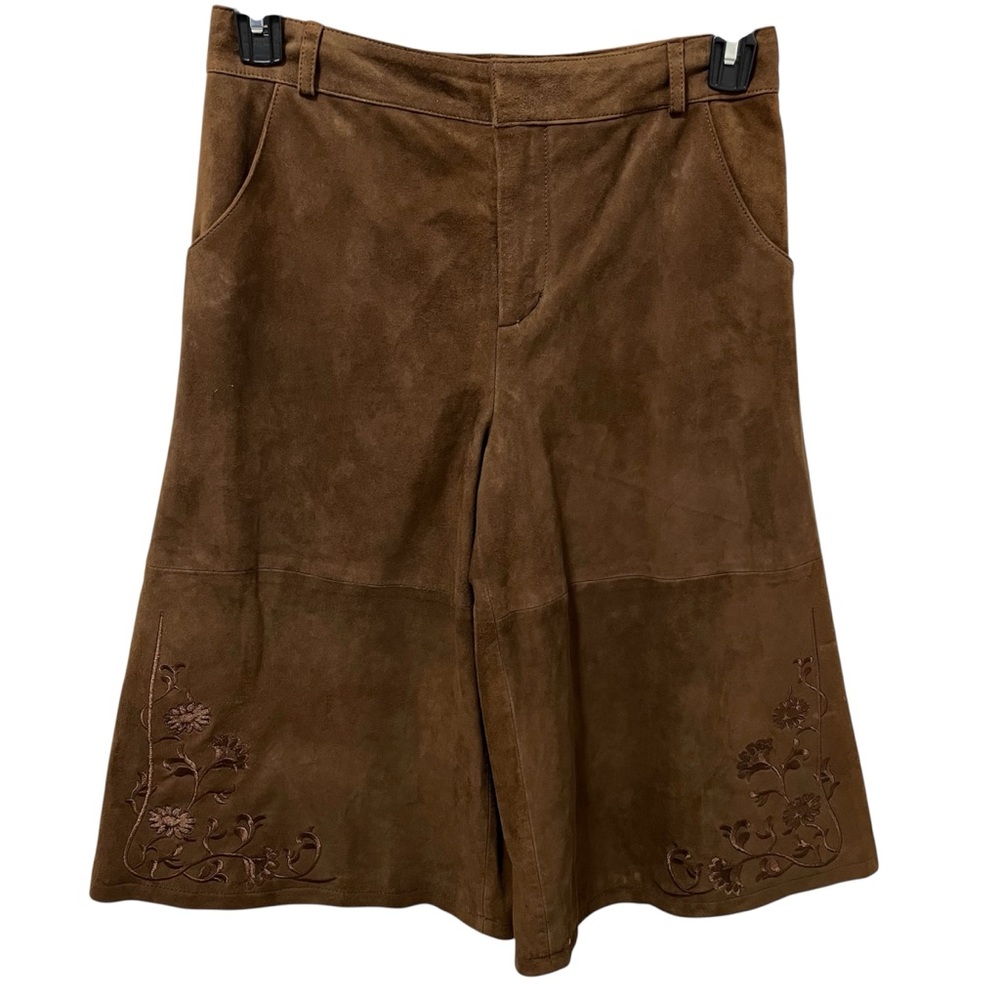 Lamarque Brown Suede Culottes with Floral Embroidery